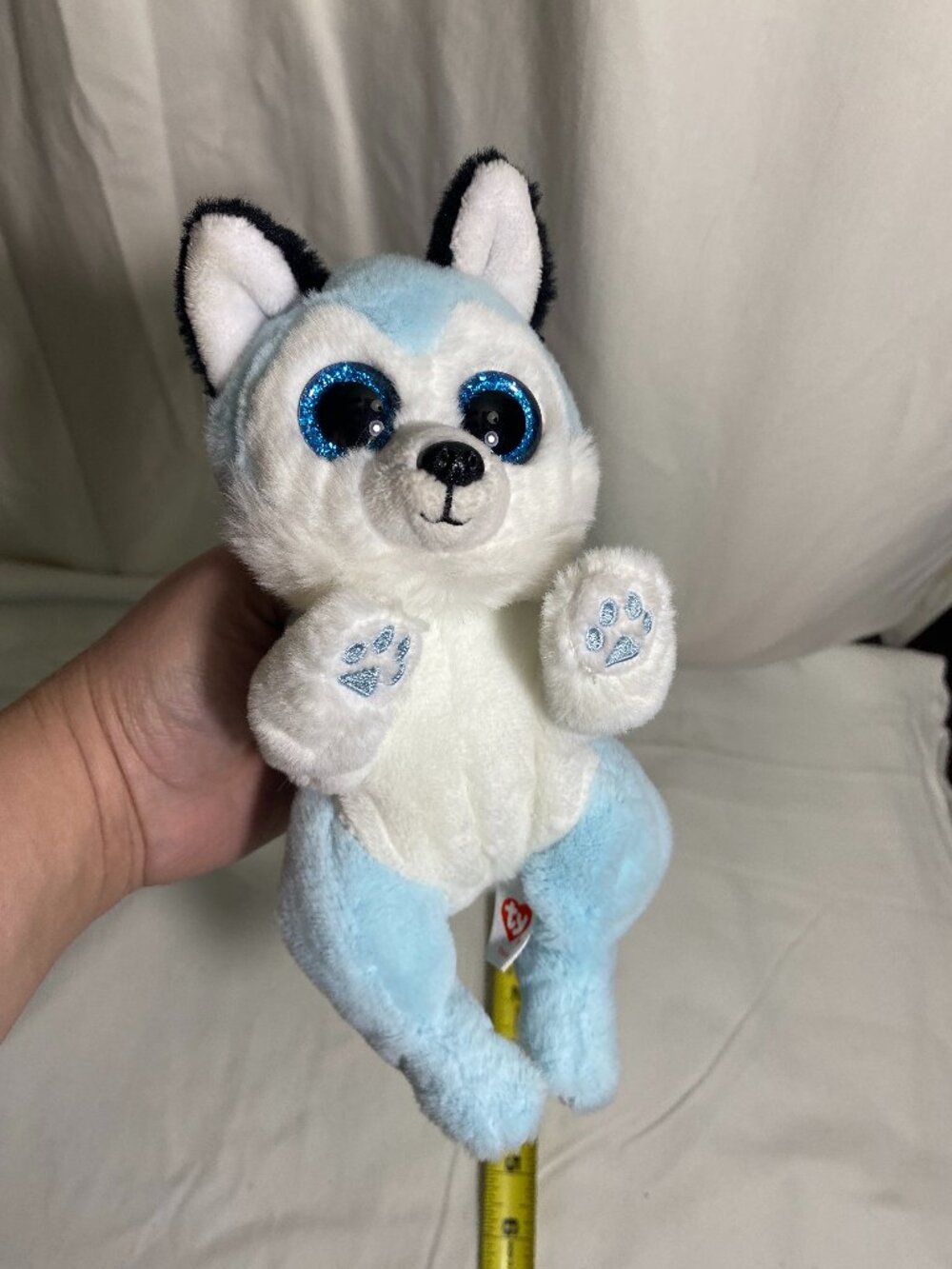 TY Beanie Boo Thunder Husky Wolf Plush Blue White Glitter Eyes Stuffed Animal 8”